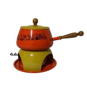 Vintage Mushrooms and Berries Orange And Yellow Fondue Pot Set MCM Kitchen